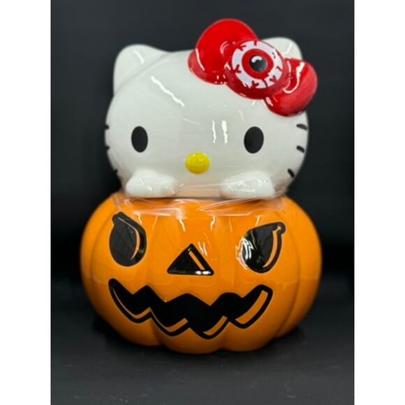 Hello Kitty Cookie Jar, Kitty On Pumpkin, Eyeball Bow Red - Picture 1 of 8